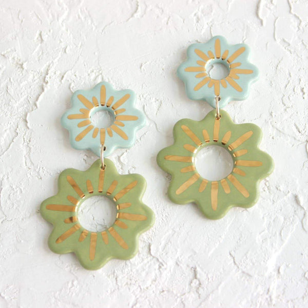 Sage Gold Cutout Flower Ceramic Statement Earrings - Pinecone Trading Co.