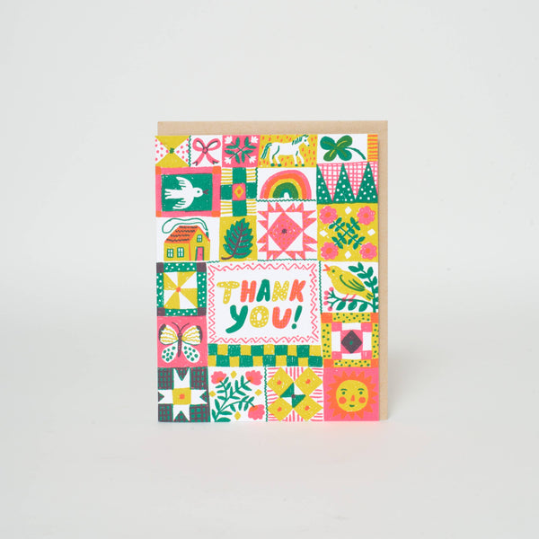 Folk Quilt Thanks Letterpress Greeting Card by Phoebe Wahl: Paper tab
