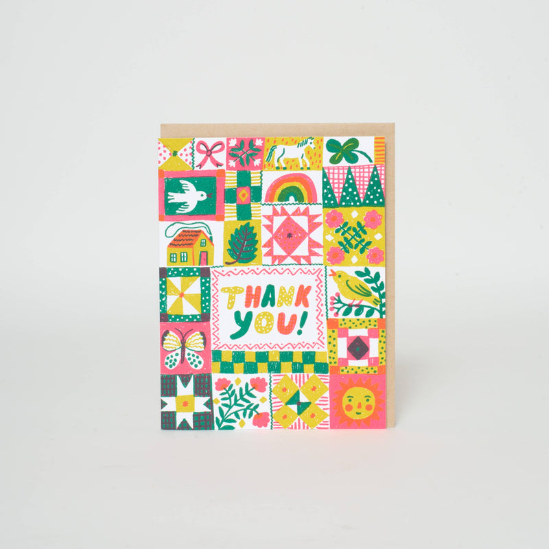 Folk Quilt Thanks Letterpress Greeting Card by Phoebe Wahl: Paper tab