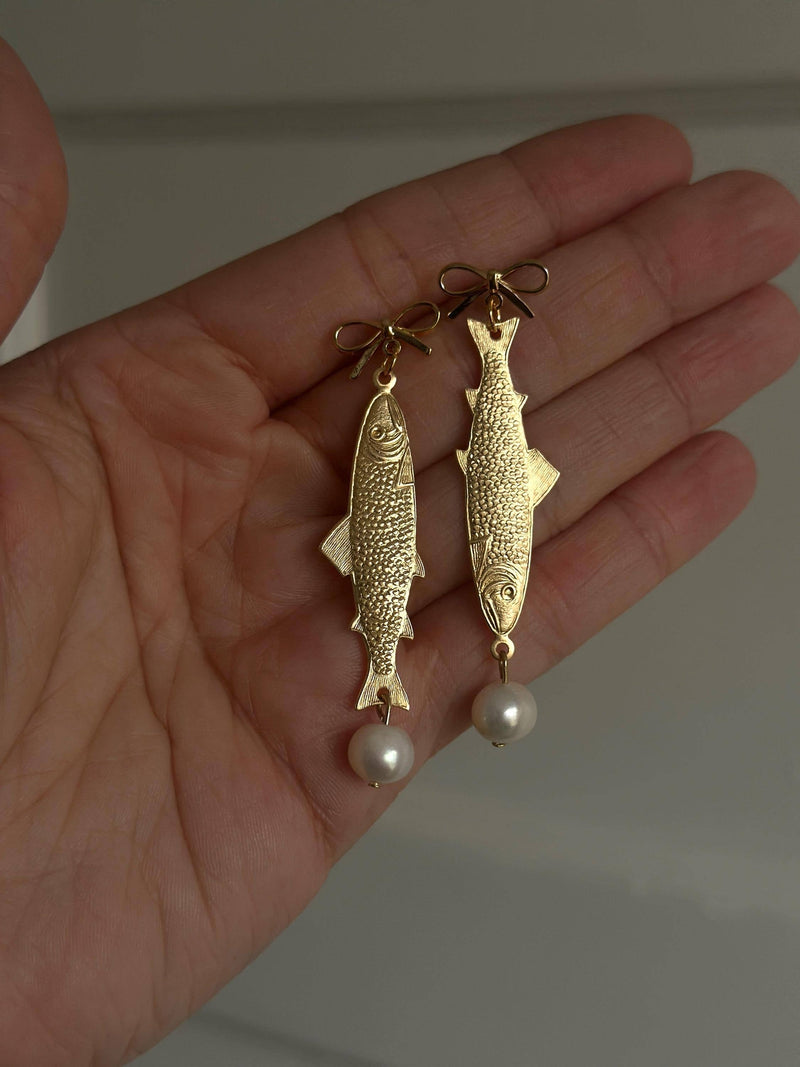 Brass Sardine Pearl Dangles