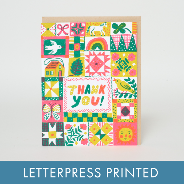 Folk Quilt Thanks Letterpress Greeting Card by Phoebe Wahl: Paper tab
