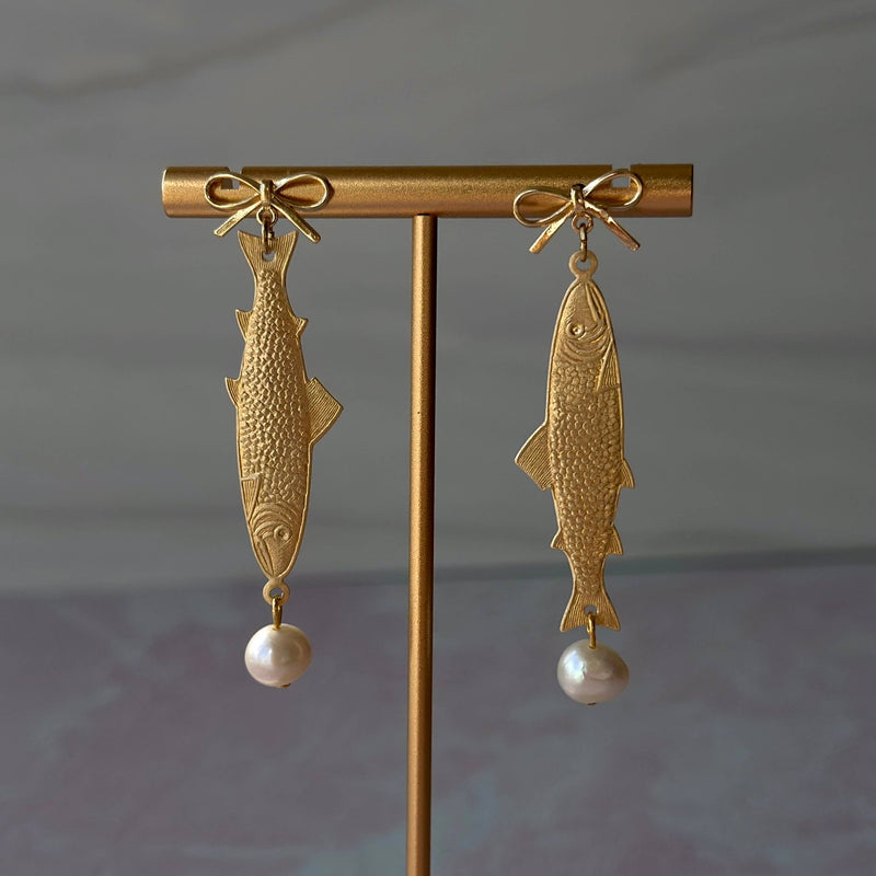 Brass Sardine Pearl Dangles