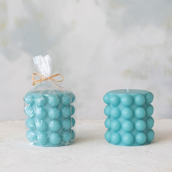 Cyan Hobnail Pillar Candle - Pinecone Trading Co.