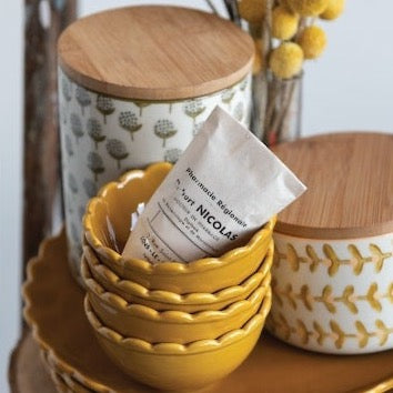 Hand-Painted Floral Stoneware Canister with Bamboo Lid - Pinecone Trading Co.