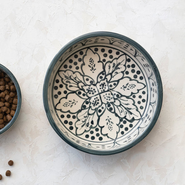 Hand-Painted Navy Stoneware Pet Bowl - Pinecone Trading Co.