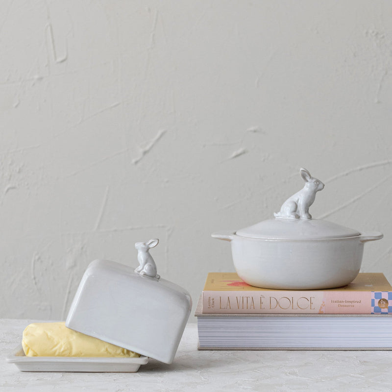 Ivory Stoneware Baker with Rabbit Finial - Pinecone Trading Co.