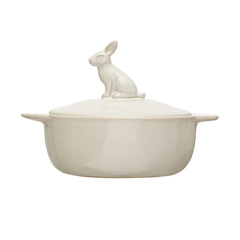 Ivory Stoneware Baker with Rabbit Finial - Pinecone Trading Co.
