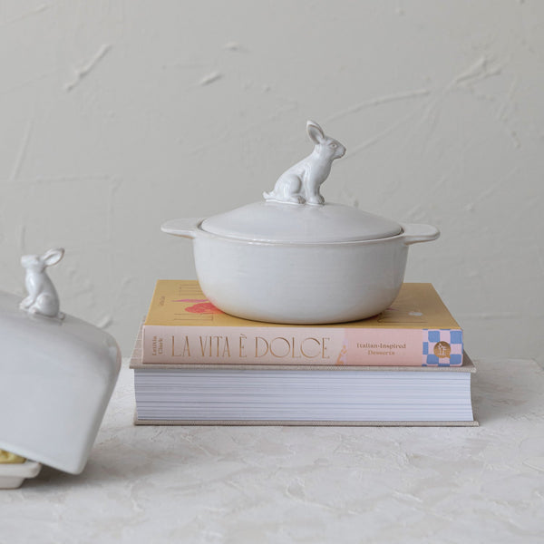 Ivory Stoneware Baker with Rabbit Finial - Pinecone Trading Co.