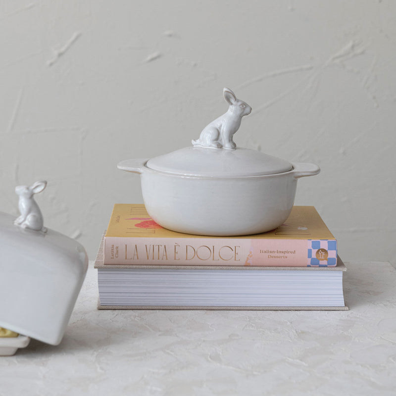 Ivory Stoneware Baker with Rabbit Finial - Pinecone Trading Co.
