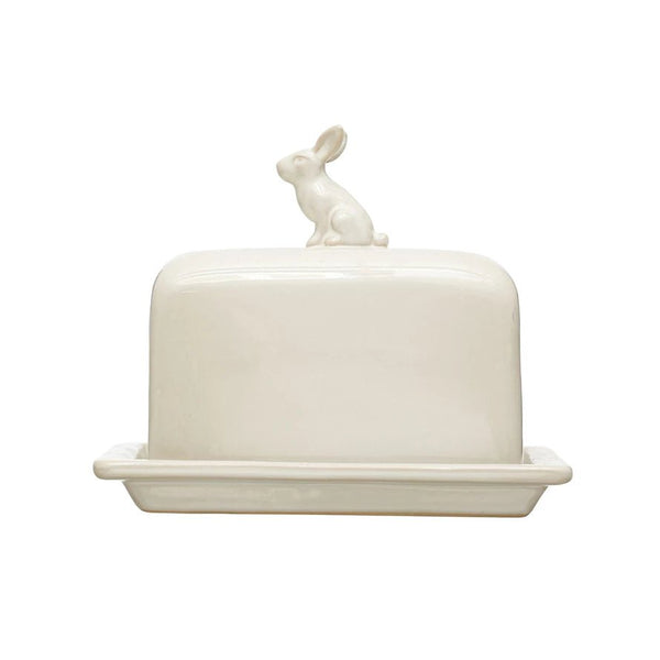 Ivory Stoneware Butter Dish with Rabbit Finial - Pinecone Trading Co.