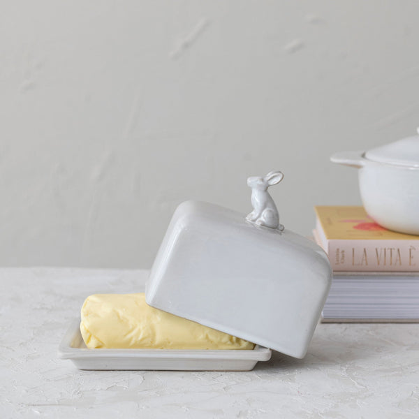 Ivory Stoneware Butter Dish with Rabbit Finial - Pinecone Trading Co.