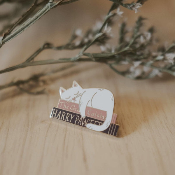 Literary Kitty (White) Enamel Pin (With Locking Clasp) - Pinecone Trading Co.