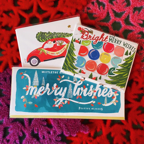 Merry Wishes, Mistletoe Wishes and Festive Blisses Card - Pinecone Trading Co.