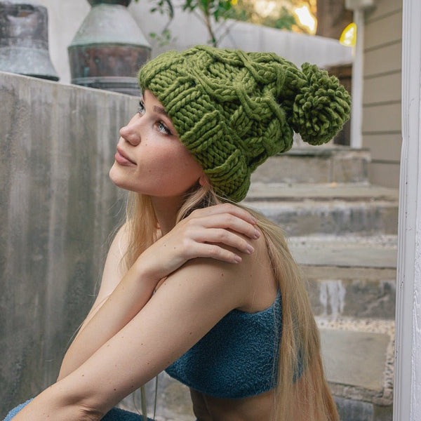 Oversized Pom Pom Chunky Knit Beanie - Pinecone Trading Co.