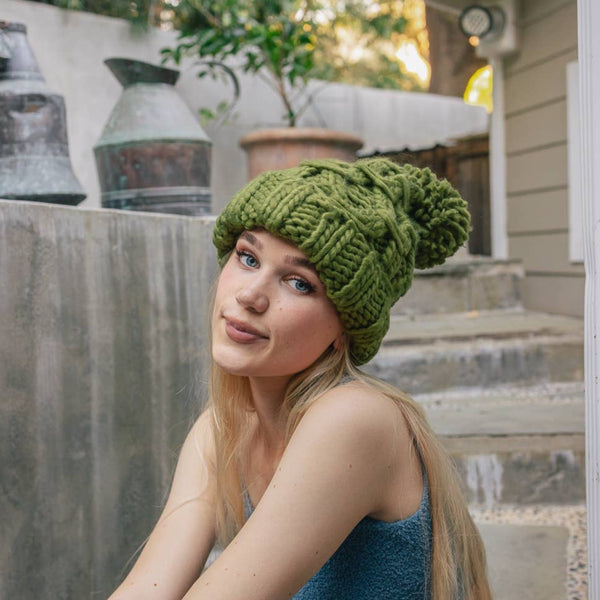 Oversized Pom Pom Chunky Knit Beanie - Pinecone Trading Co.