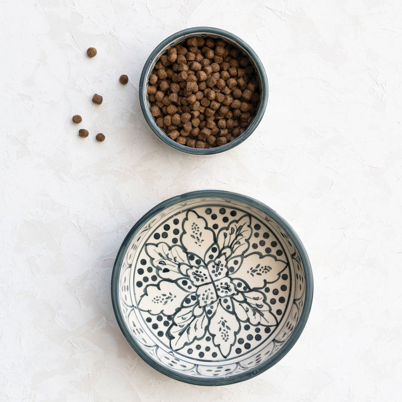 Small Hand-Painted Navy Stoneware Pet Bowl - Pinecone Trading Co.